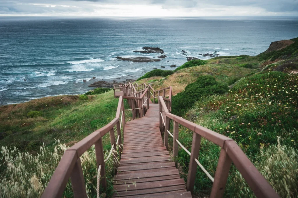 Escadaria de madeira na costa portuguesa com vista para o oceano e vegetação ao redor.